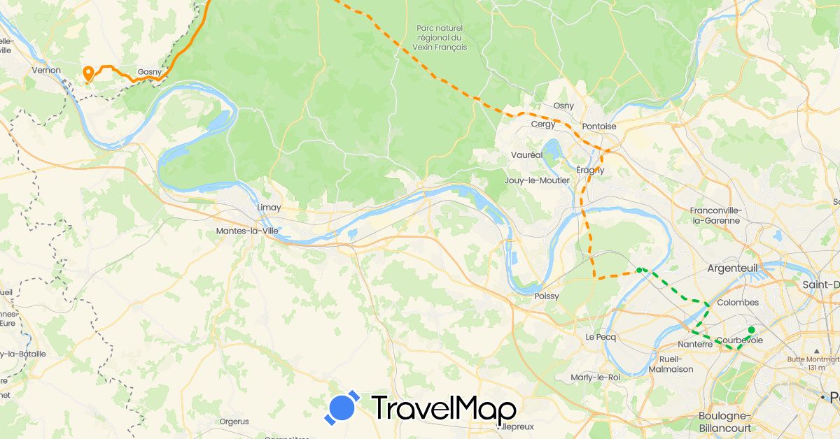 TravelMap itinerary: driving, bus, hitchhiking in France (Europe)